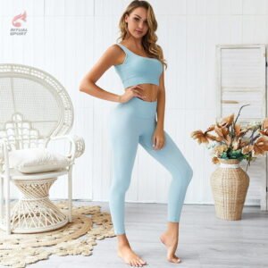 Conjunto de Top Sujetador y Mallas Deportivas 2 piezas para mujer set celeste